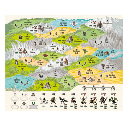 Mapa ilustrado del juego de estrategia Héroes con regiones, castillos y leyenda