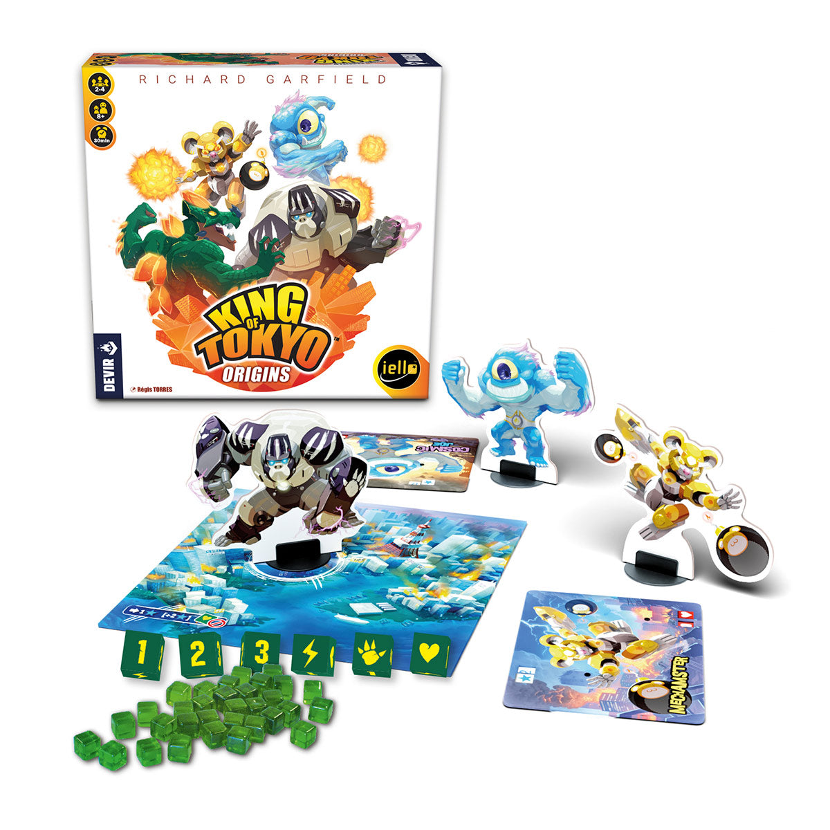 Contenido completo del juego King of Tokyo Origins: caja, tableros, cartas y fichas