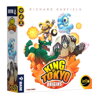 Caja King of Tokyo Origins con ilustración de monstruos y logo Devir para 2-4 jugadores
