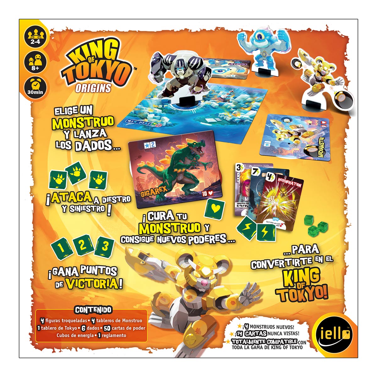 Panel trasero King of Tokyo Origins mostrando reglas, contenido y características del juego