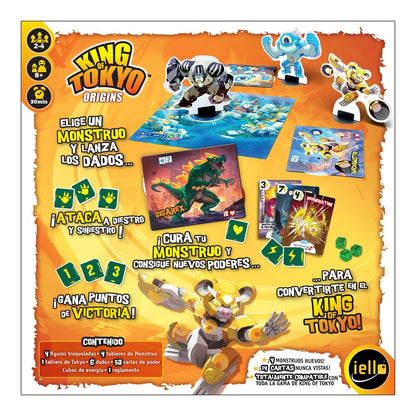Panel trasero King of Tokyo Origins mostrando reglas, contenido y características del juego