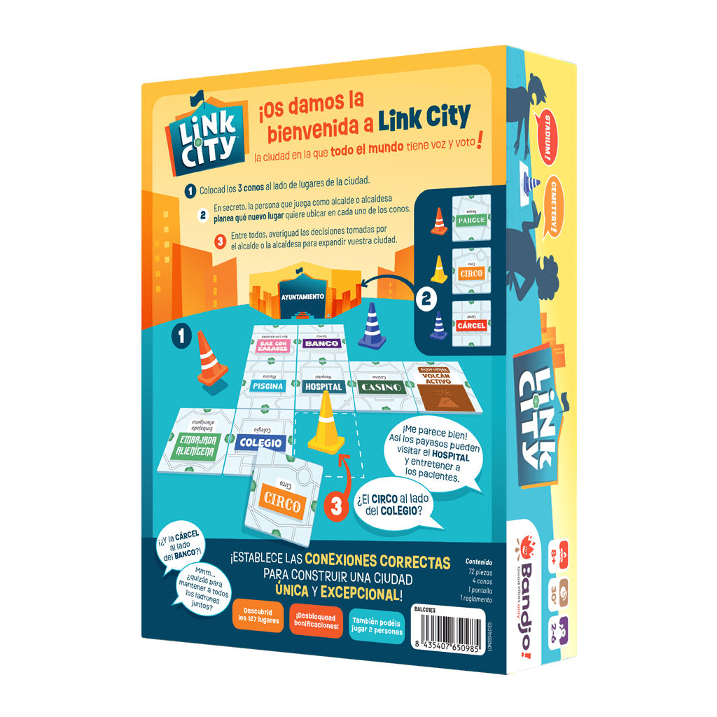 Caja lateral juego Link City con reglas y componentes para construir ciudad