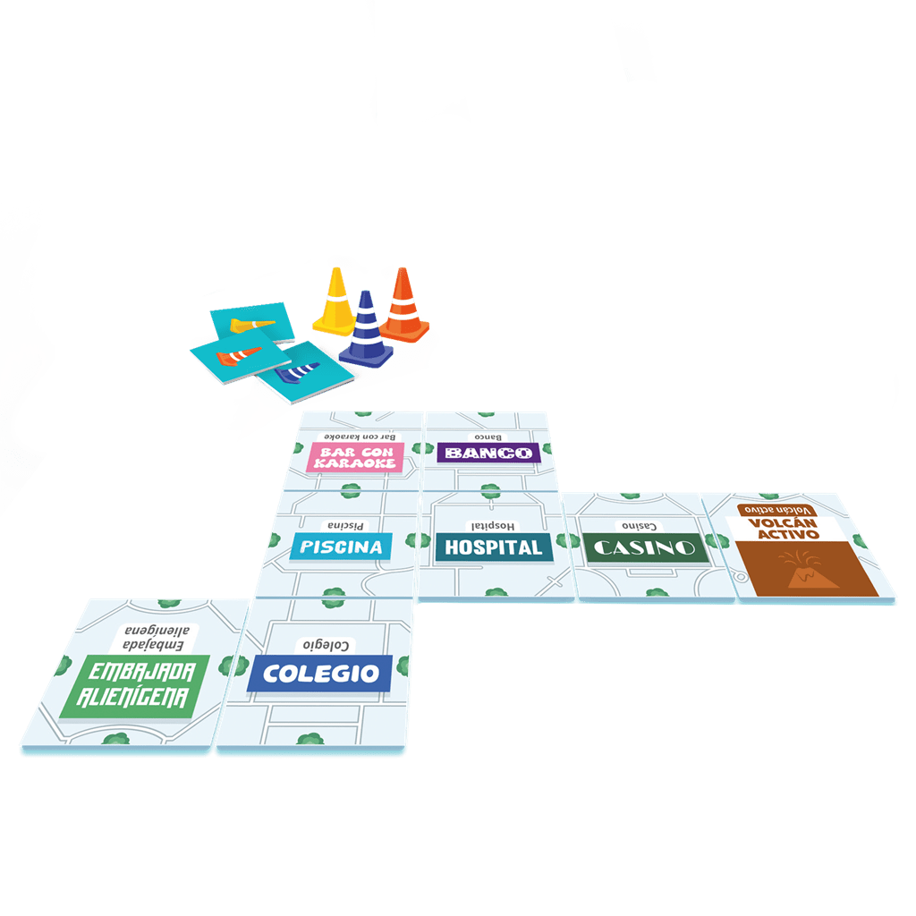 Fichas de edificios y conos del juego cooperativo Link City sobre tablero