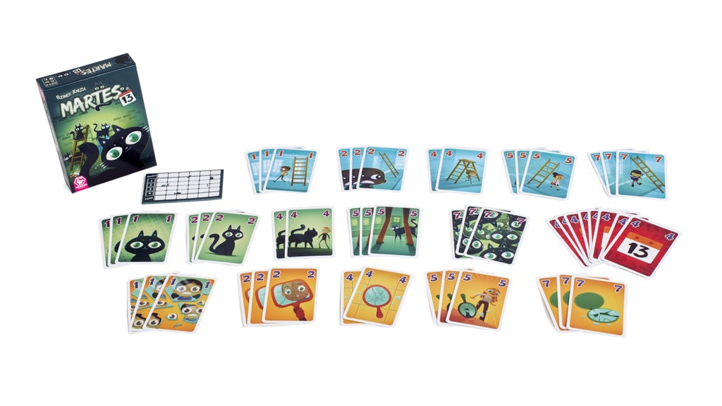 Conjunto completo juego de cartas Martes 13 con caja, tablero y cartas temáticas de gatos