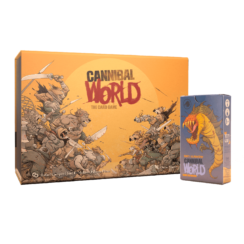 Caja de Cannibal World y expansión Bugs & Gladiators, juego de cartas con arte de Óscar Martín