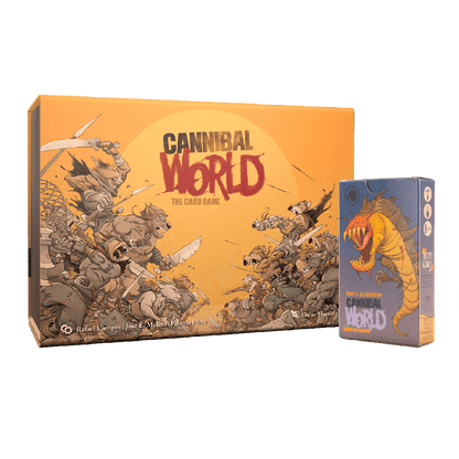 Caja de Cannibal World y expansión Bugs & Gladiators, juego de cartas con arte de Óscar Martín