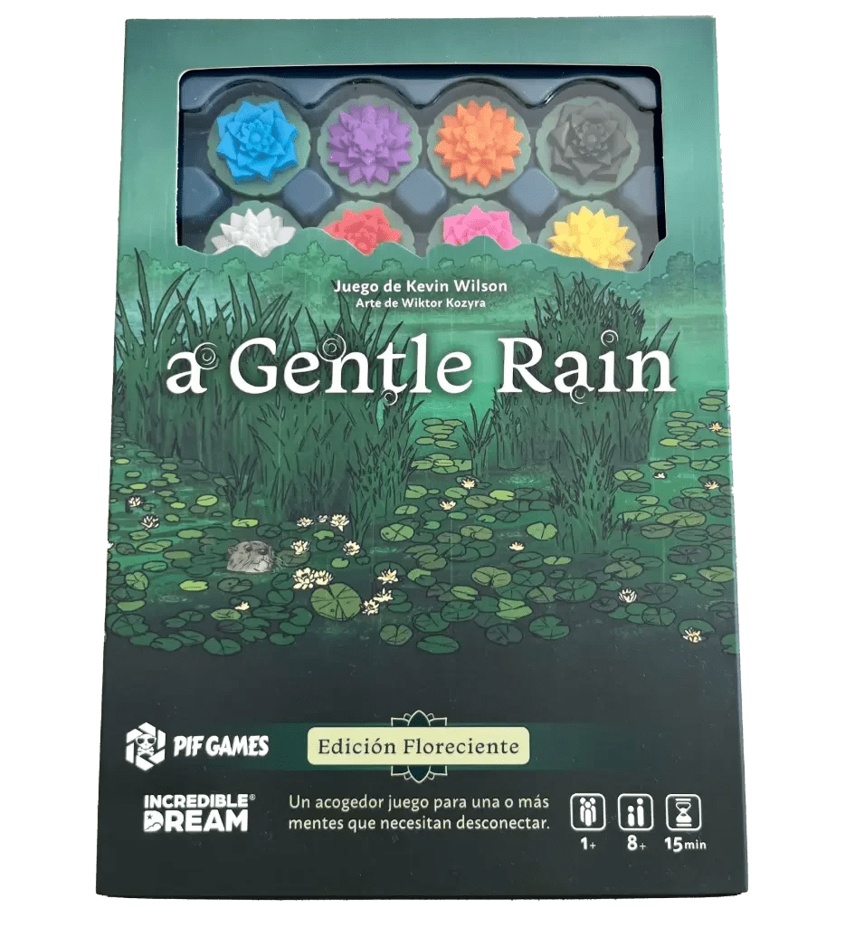 Caja del juego de mesa A Gentle Rain Edición Floreciente con piezas florales 3D visibles