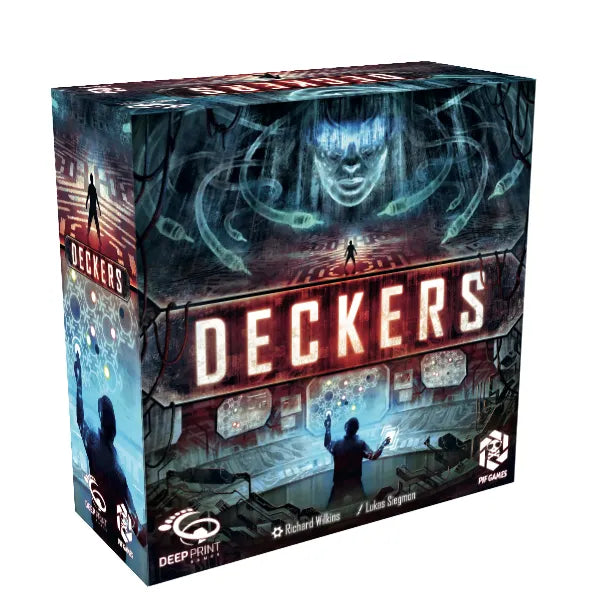Caja del juego de mesa Deckers con arte cyberpunk en rojo neón
