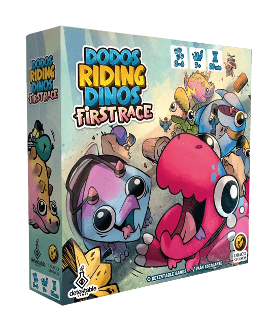 Caja del juego de mesa Dodos Riding Dinos First Race con ilustración colorida de personajes