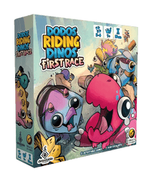 Caja del juego de mesa Dodos Riding Dinos First Race con ilustración colorida de personajes