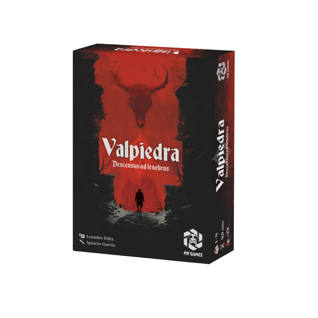 Caja del juego de cartas Valpiedra Descensus ad Tenebras con ilustración demoníaca roja y negra