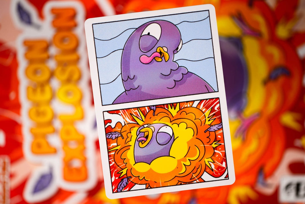 Carta de acción cómica del juego Pigeon Explosion mostrando explosión de paloma