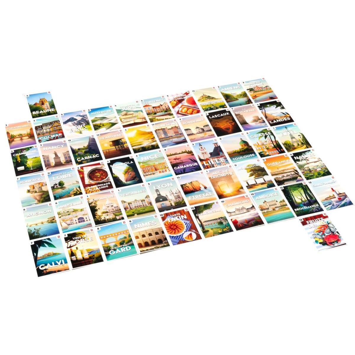 Colección de cartas de postales del juego Postales mostrando destinos franceses como Beaune y Lyon