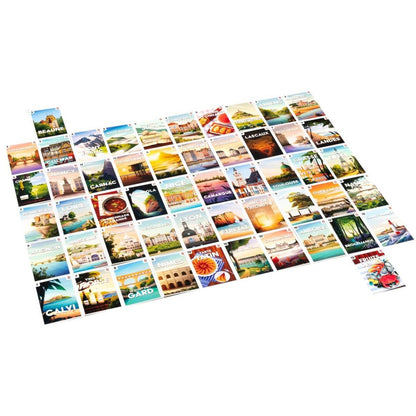 Colección de cartas de postales del juego Postales mostrando destinos franceses como Beaune y Lyon