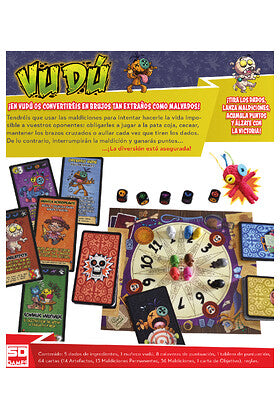 Contenido completo del juego de mesa Vudú sobre fondo blanco