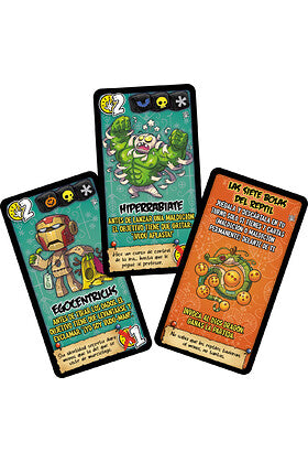 Cartas juego Vudú zombie verde, robot metálico y bomba naranja ilustradas
