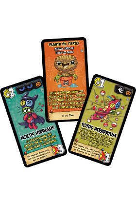 Detalle cartas Vudú: gato negro, planta y personaje alado estilo cómic