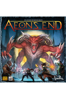 Portada caja juego de mesa Aeon's End con magos enfrentando a demonio rojo