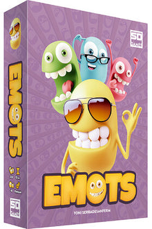 Caja frontal del juego de mesa cooperativo EMOTS con personajes monstruo coloridos
