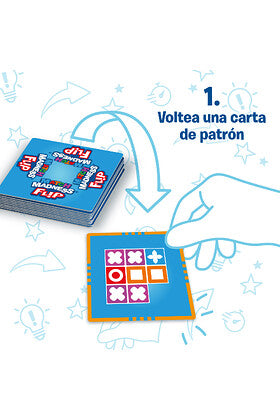 Ilustración instructiva mano volteando carta patrón azul junto a baraja de cartas