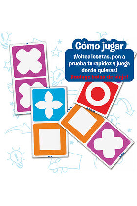 Cartas de juego formas geométricas blancas junto a losetas cuadradas naranjas y magenta
