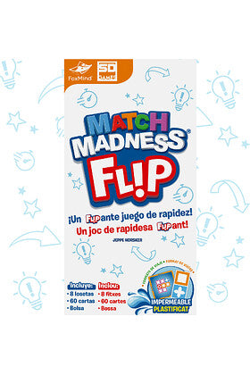 Caja blanca juego Match Madness Flip título tridimensional rojo, blanco y azul