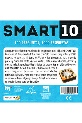 Panel trasero del juego SMART 10 Viajes mostrando contenido de 100 preguntas y 1000 respuestas