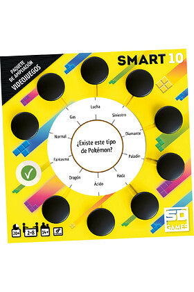 Detalle del tablero central del juego SMART 10 sobre tipos de Pokémon y cultura gamer