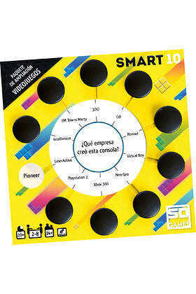 Vista lateral de la caja negra del juego de mesa SMART 10 Videojuegos para familias