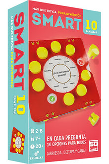 Caja azul y rosa del juego de mesa familiar SMART 10 con ilustración del dispositivo