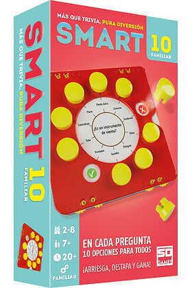 Caja azul y rosa del juego de mesa familiar SMART 10 con ilustración del dispositivo