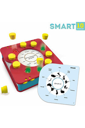 Juego de mesa SMART 10 Familiar con tablero rojo, tapones amarillos y tarjeta de animales