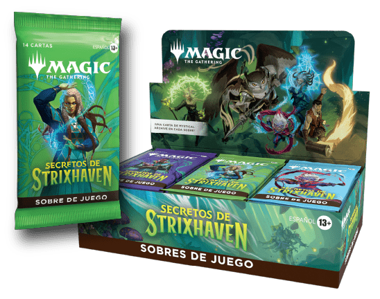 Caja sobres sellados Secretos de Strixhaven Magic The Gathering español 13+ con arte mágico verde y azul