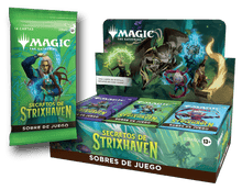 Caja sobres sellados Secretos de Strixhaven Magic The Gathering español 13+ con arte mágico verde y azul
