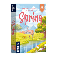 Caja del juego de mesa Spring con ilustración de paisaje primaveral y animales