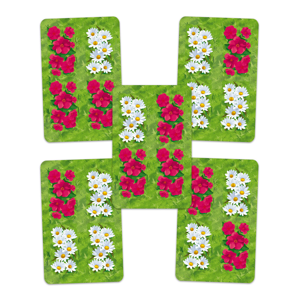 Fichas de terreno verdes con flores rojas y blancas para el juego Spring