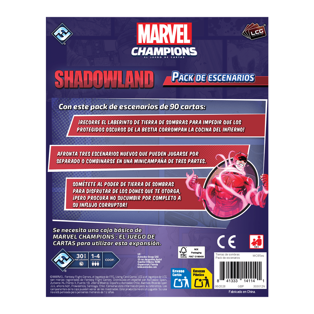 Dorso caja expansión Shadowlands Marvel Champions para 1-4 jugadores