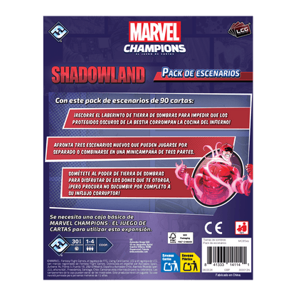 Dorso caja expansión Shadowlands Marvel Champions para 1-4 jugadores