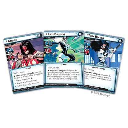 Cartas Lady Bullseye, Gorgón y Tigre Blanco pack escenario Marvel Champions