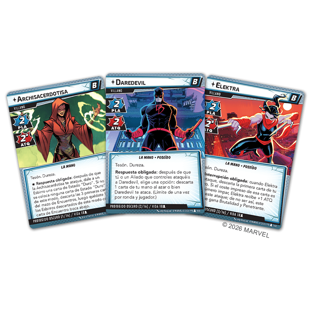 Cartas de Daredevil, Archisacerdotisa y Elektra del pack Shadowlands Marvel Champions