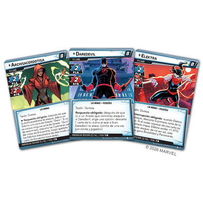 Cartas de Daredevil, Archisacerdotisa y Elektra del pack Shadowlands Marvel Champions