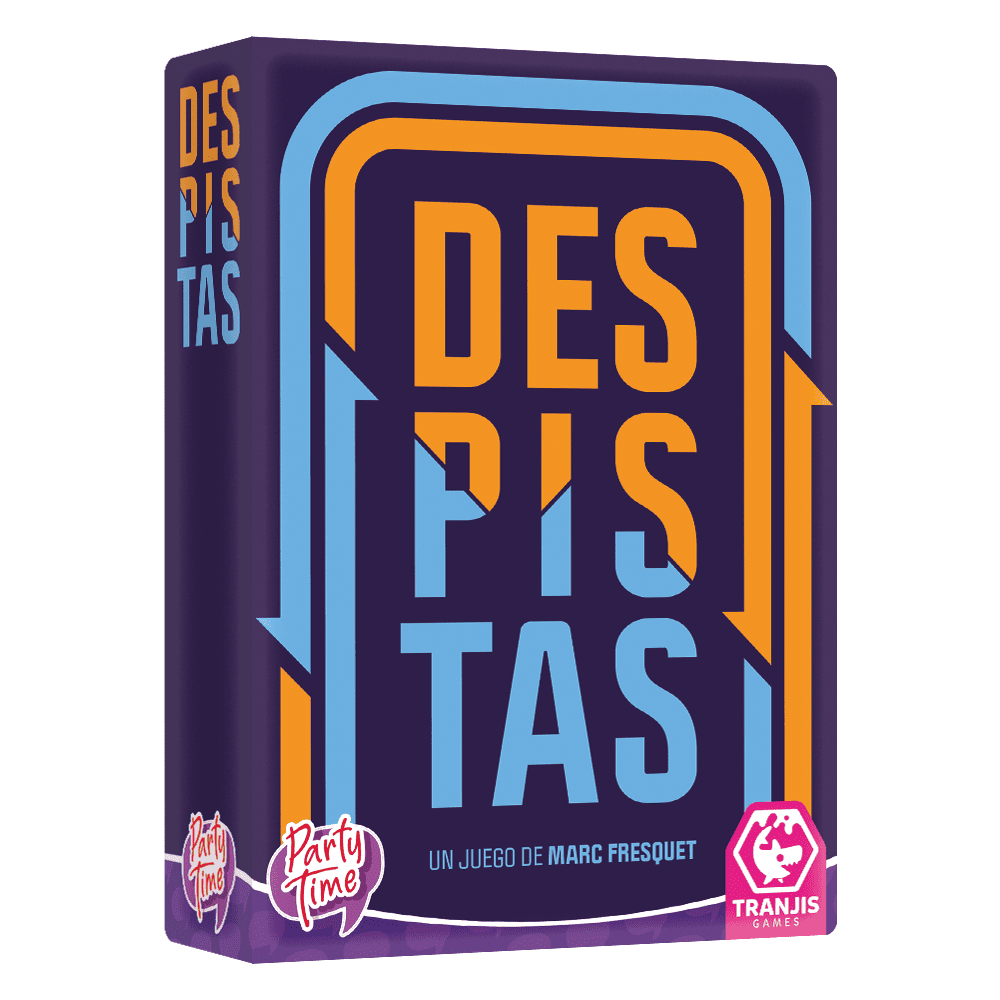Caja frontal del juego de mesa Despistas diseño morado y naranja
