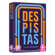 Caja frontal del juego de mesa Despistas diseño morado y naranja