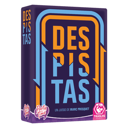 Caja frontal del juego de mesa Despistas diseño morado y naranja
