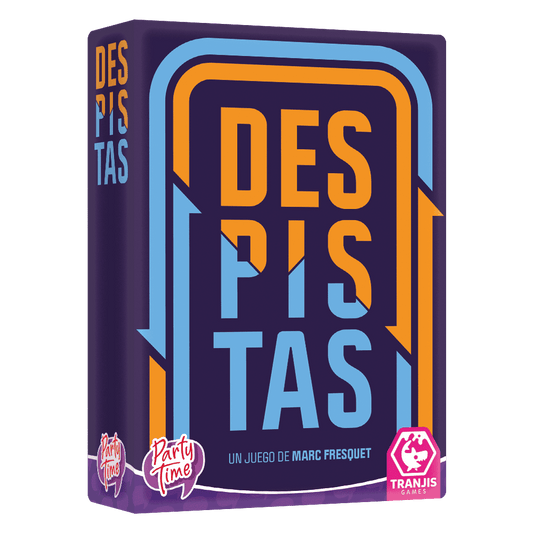 Caja frontal del juego de mesa Despistas diseño morado y naranja