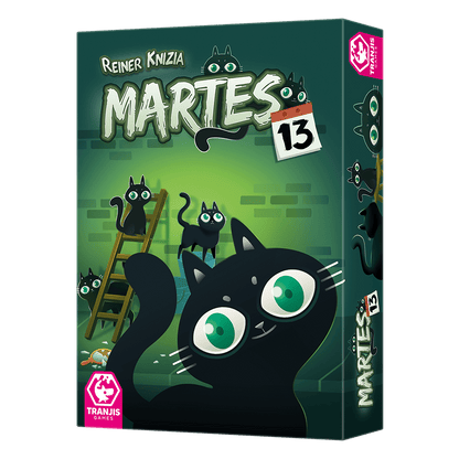 Caja juego de mesa Martes 13 diseño gato negro ojos verdes y calendario rojo
