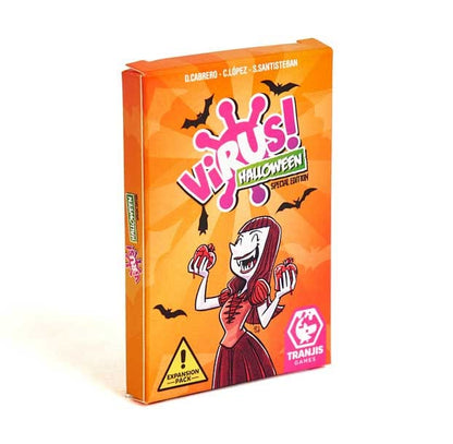Caja naranja de la expansión Virus! Halloween con ilustración de vampira y murciélagos