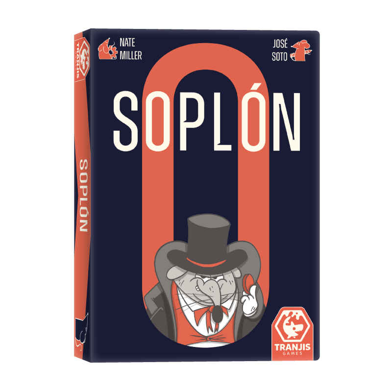 Frente de la caja del juego de mesa Soplón con personaje rata y logo Tranjis Games