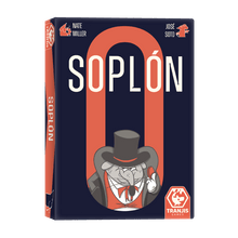 Frente de la caja del juego de mesa Soplón con personaje rata y logo Tranjis Games