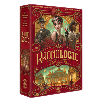 Caja juego deducción Kronologic Paris 1920 estilo art déco rojo con ilustración Ópera